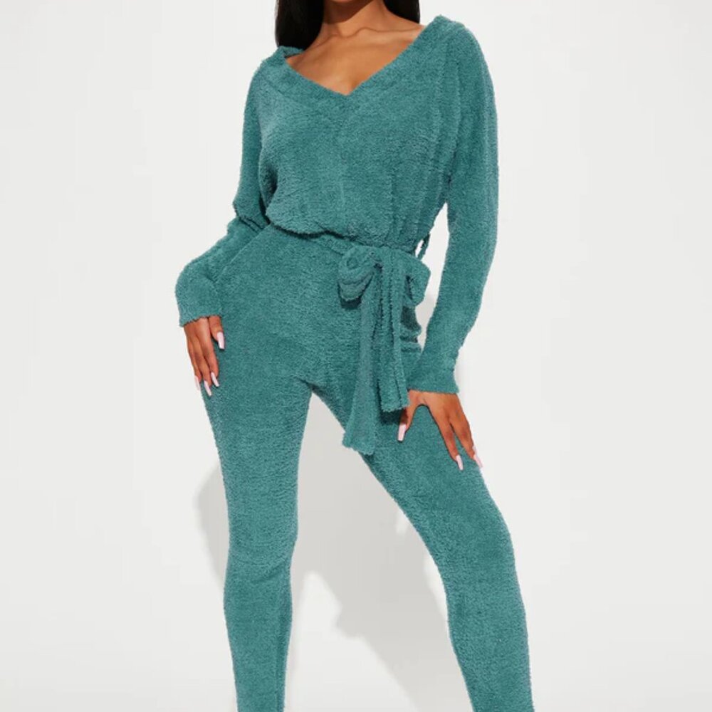 Teal Cozy Off Shoulder Jumpsuit | Size M | Lounge Chic | Stretch